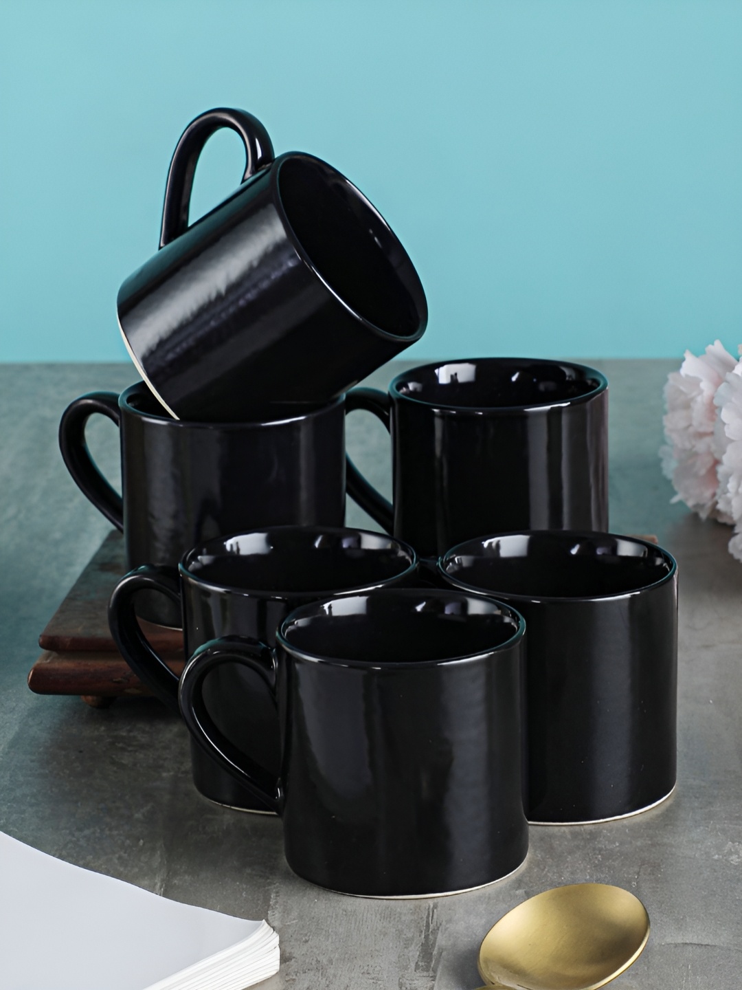 

Myntra Elegant Homes Black 6 Pieces Glossy Ceramic Tea Cups 130 ml Each