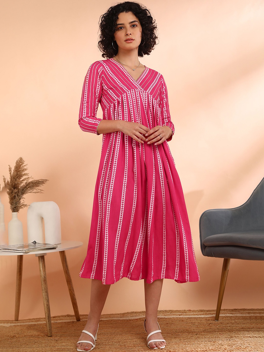 

Maaesa Women Flared Viscose Rayon Flared Pink Dress