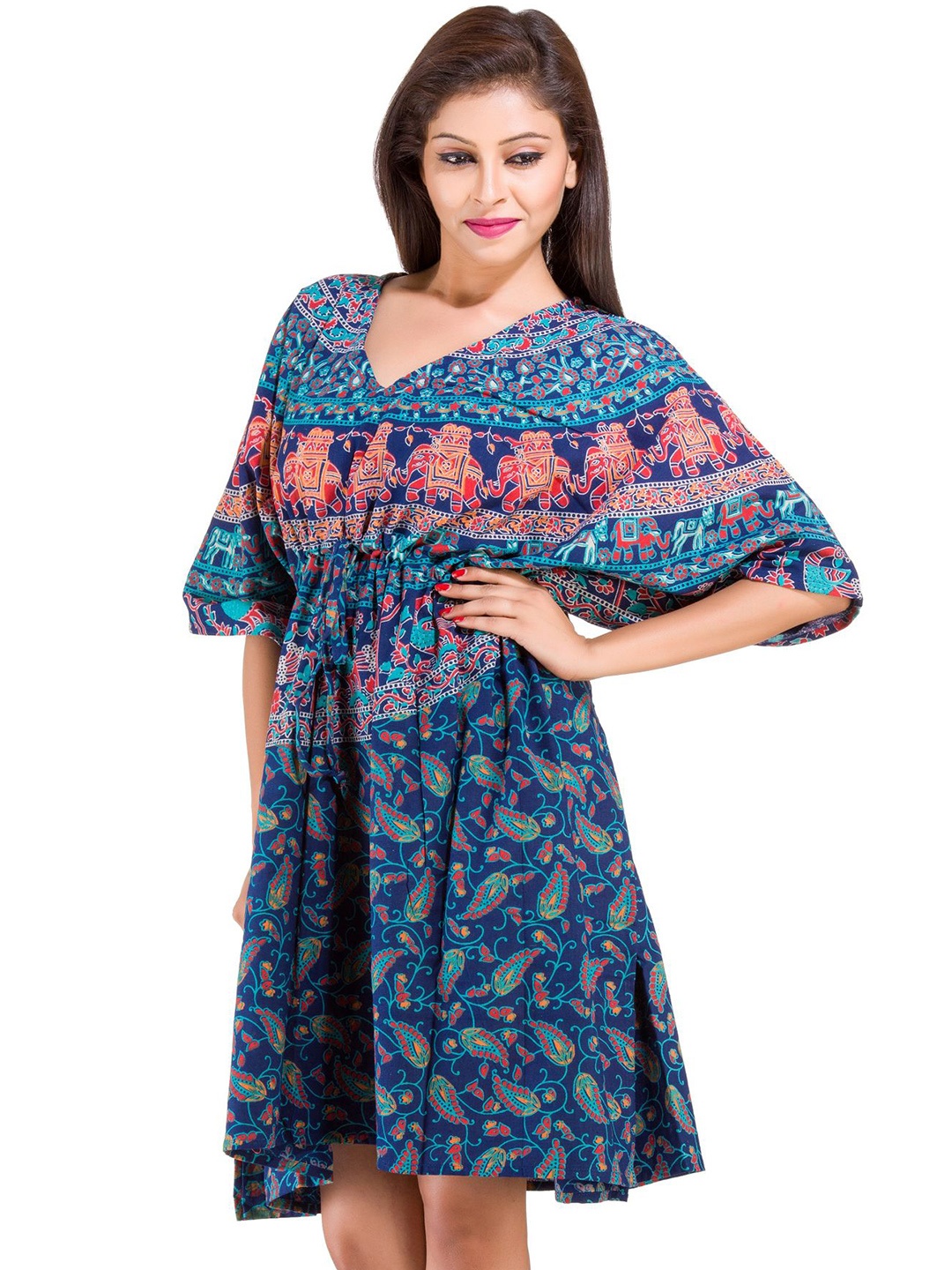 

HANDICRAFT PALACE Elephant Mandala Printed Pure Cotton Kaftan Dress, Blue