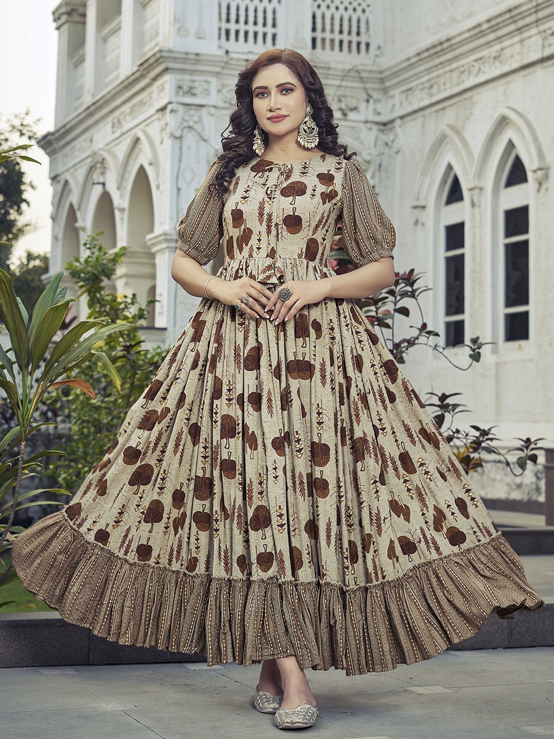 

Chandbaali Women Printed Round Neck Fit & Flare Ethnic Maxi Dress, Beige