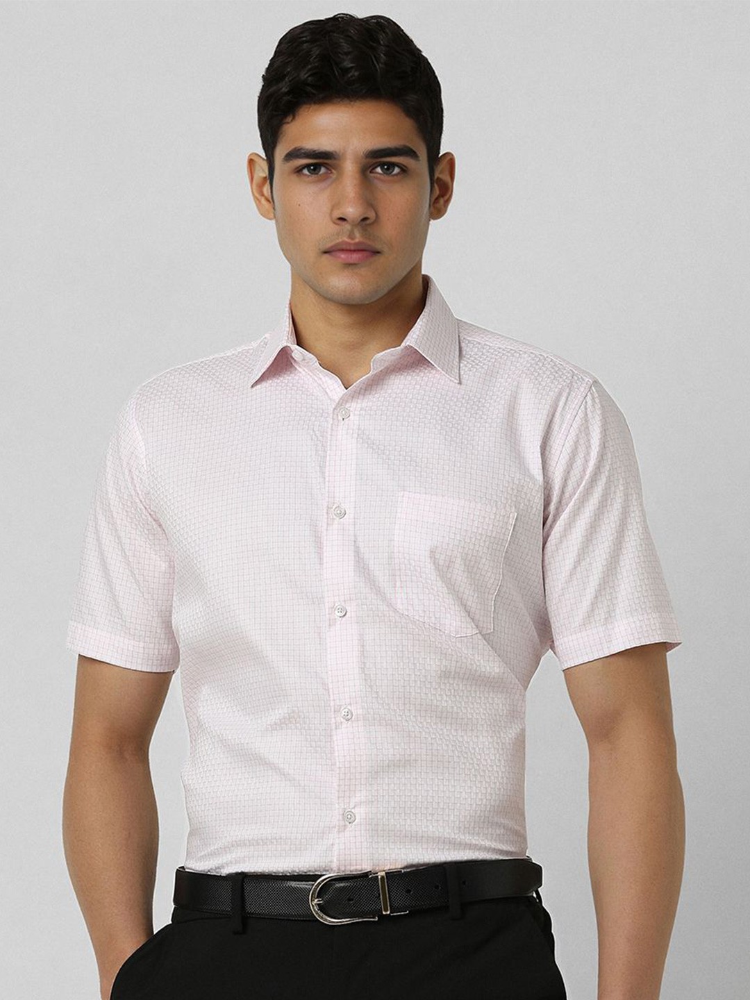 

Van Heusen Men Slim Fit Spread Collar Micro Checked Cotton Formal Shirt, Pink