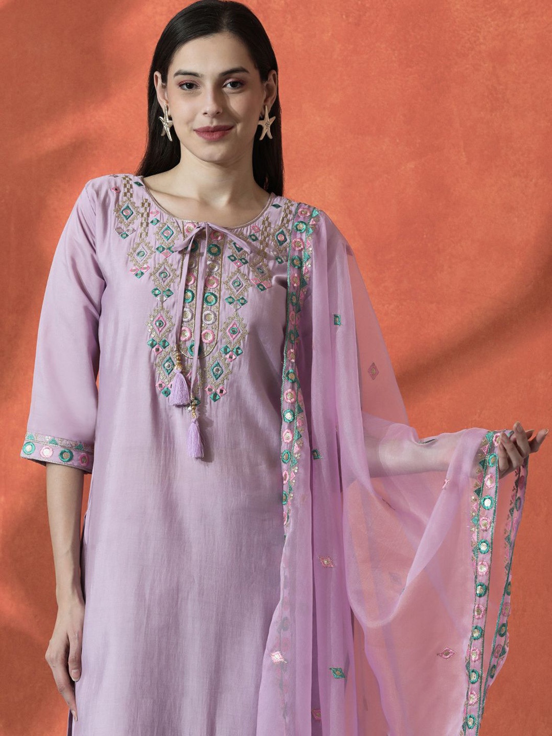 

Sangria Purple Floral Embroidered Sequnnied Straight Kurta With Trousers And Dupatta
