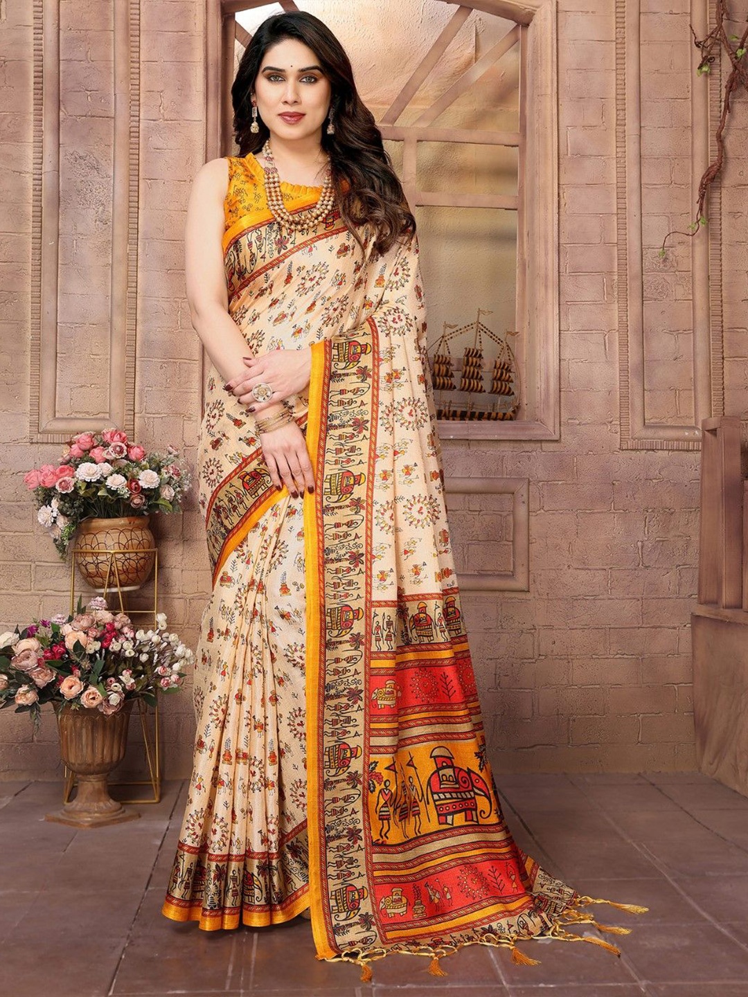 

KALINI Ethnic Motifs Saree, Beige