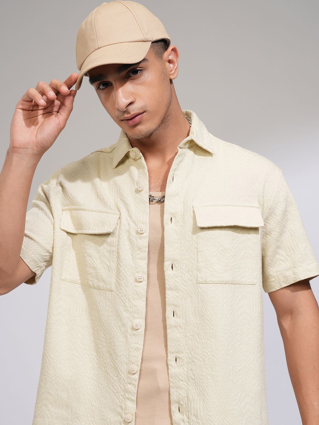 

HIGHLANDER Men Oversized Fit Spread Collar Textured Cotton Casual Shirt, Cream