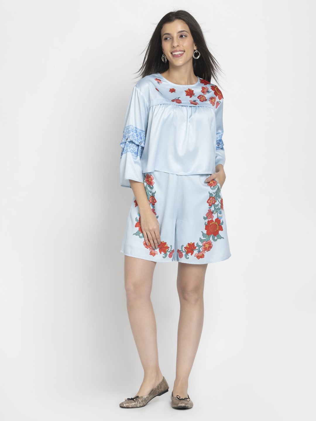 

Shaye Floral Printed Scoop Neck Top With Shorts, Blue