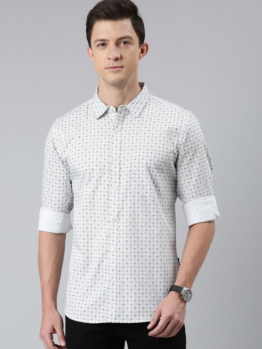 

Provogue Men Spread Collar Floral Printed Cotton Casual Shirt, White