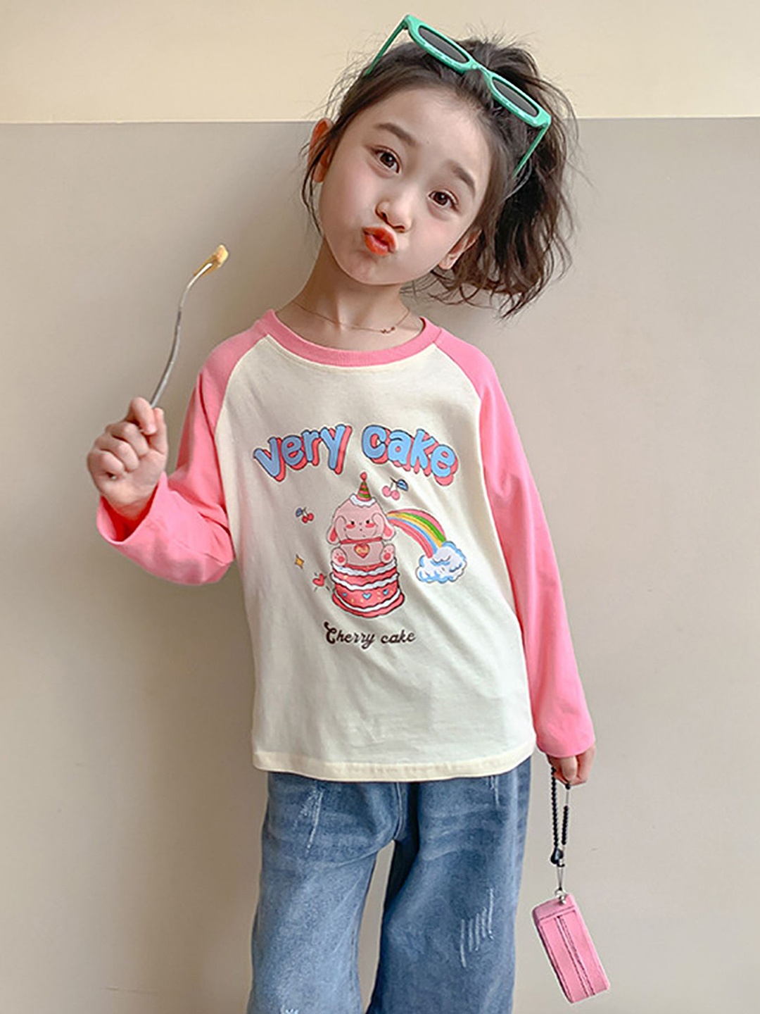 

LULU & SKY Girls Graphic Printed Round Neck Cotton Oversized T-shirt, Cream