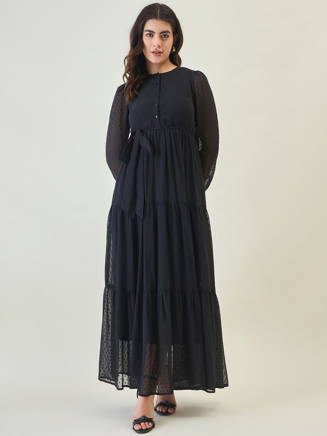 

aayu Women Round Neck Puff Sleeve Tiered Fit and Flare Maxi Dress, Black