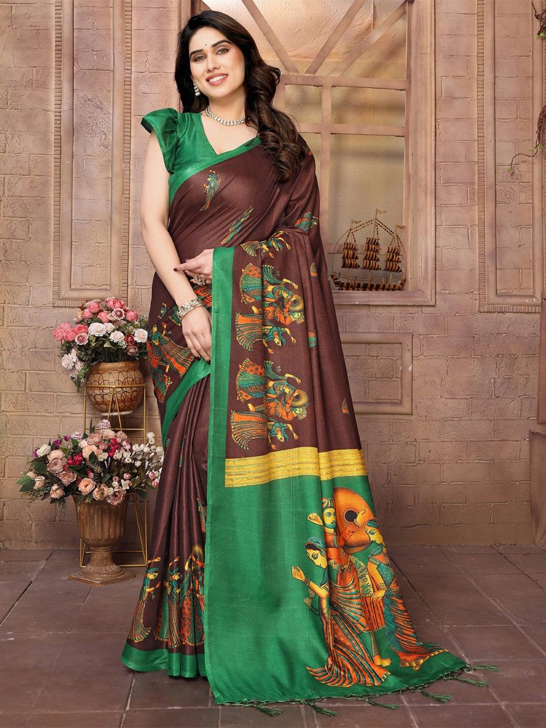 

KALINI Ethnic Motifs Art Silk Saree, Brown