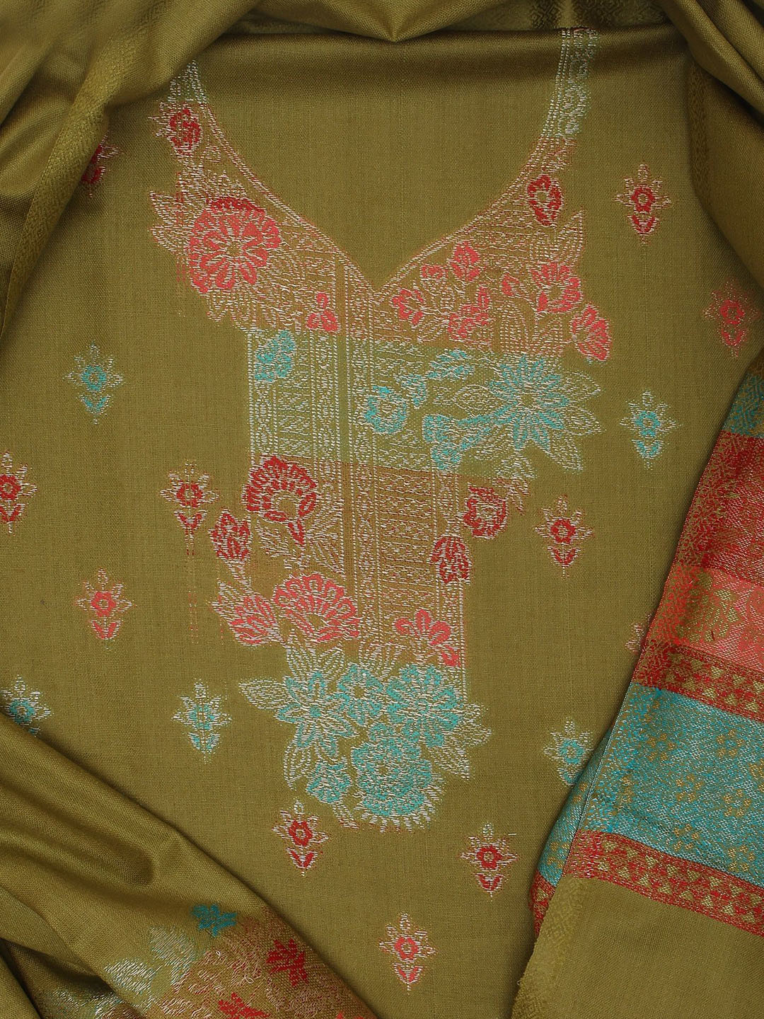 

Tones-N-Shades Ethnic Motifs Printed Unstitched Dress Material, Olive