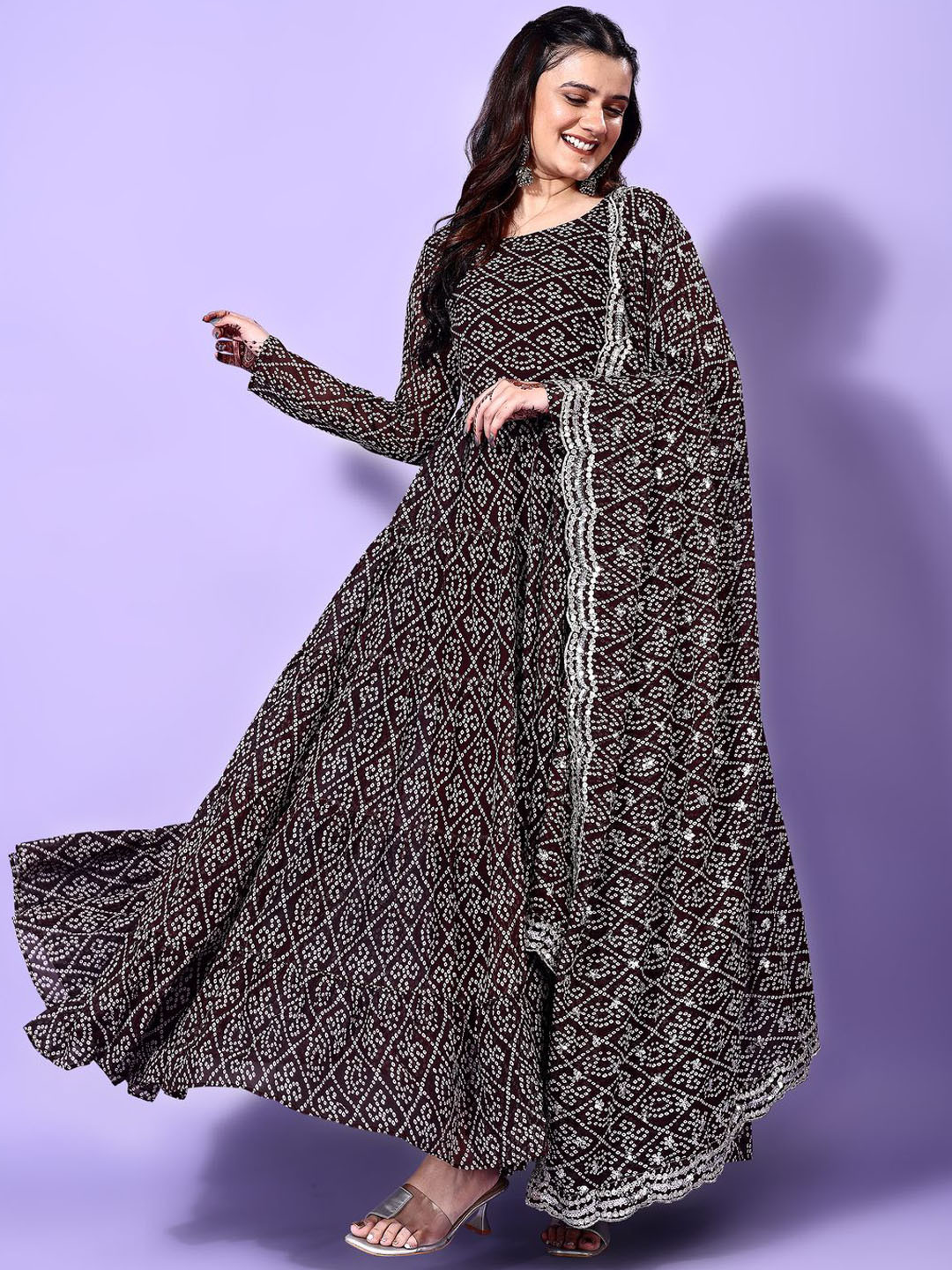 

Ethnic Yard Bandhani Printed Round Neck Anarkali Kurta With Trouser And Dupatta, Black