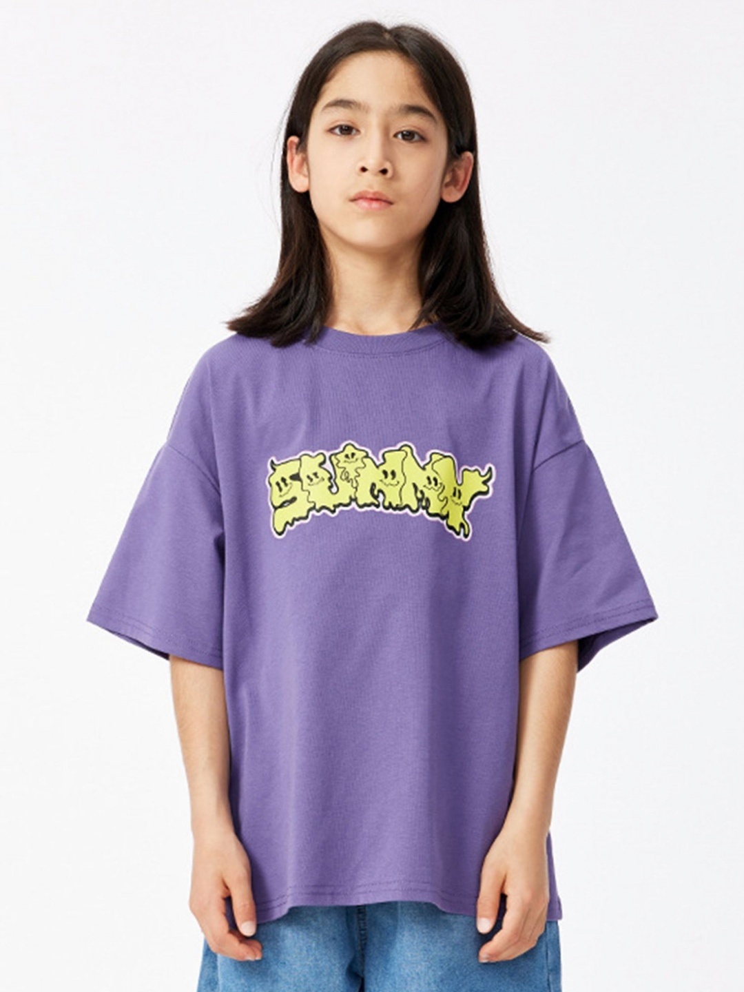 

LULU & SKY Girls Typography Printed Round Neck Cotton Oversized T-shirt, Purple