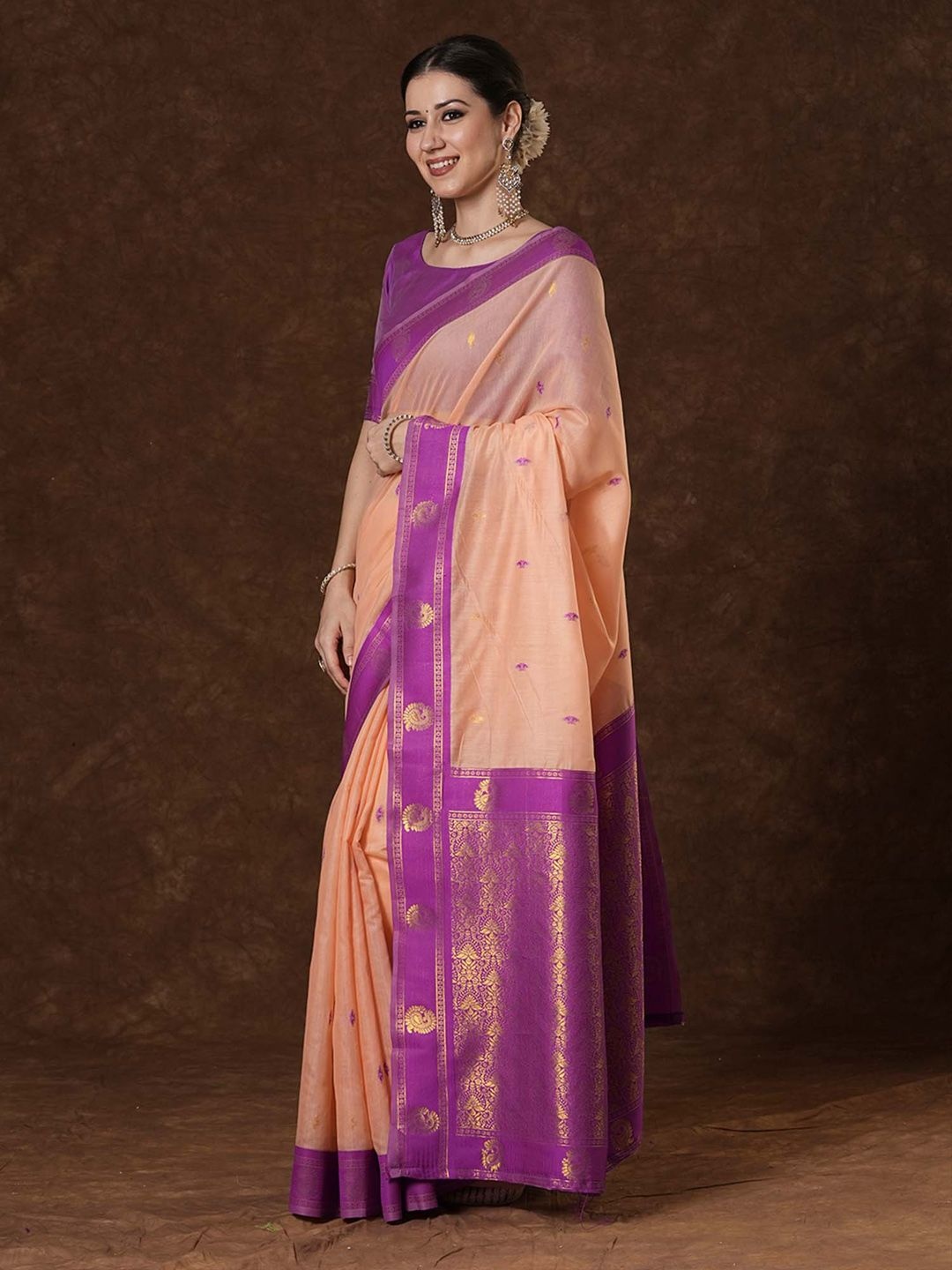 

Saree mall Ethnic Motifs Zari Maheshwari Sarees, Peach