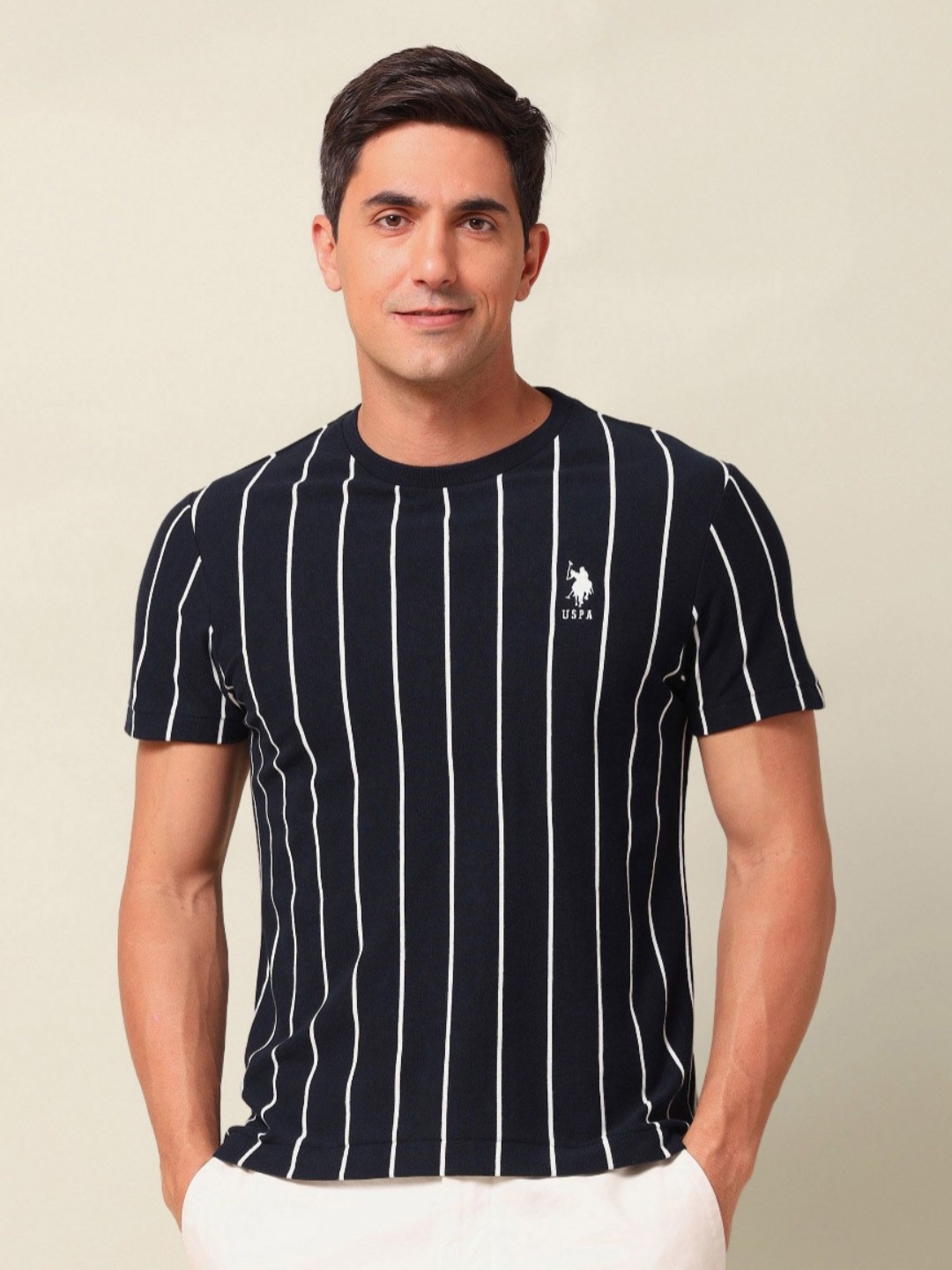 

U.S. Polo Assn. Men Striped Round Neck Cotton Slim Fit T-shirt, Navy blue