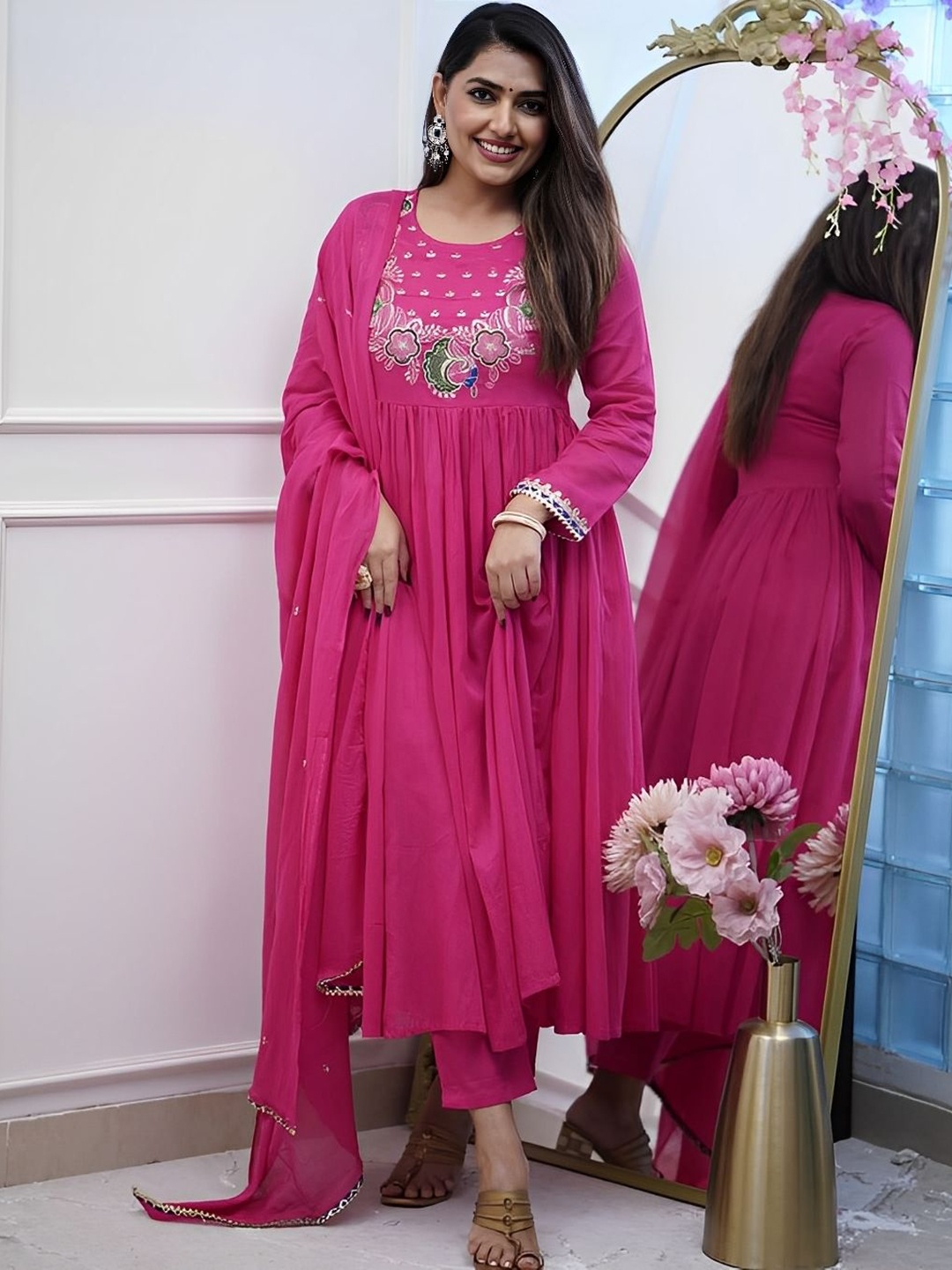 

Vintro Floral Embroidered Anarkali Thread Work Kurta With Trousers And Dupatta, Pink