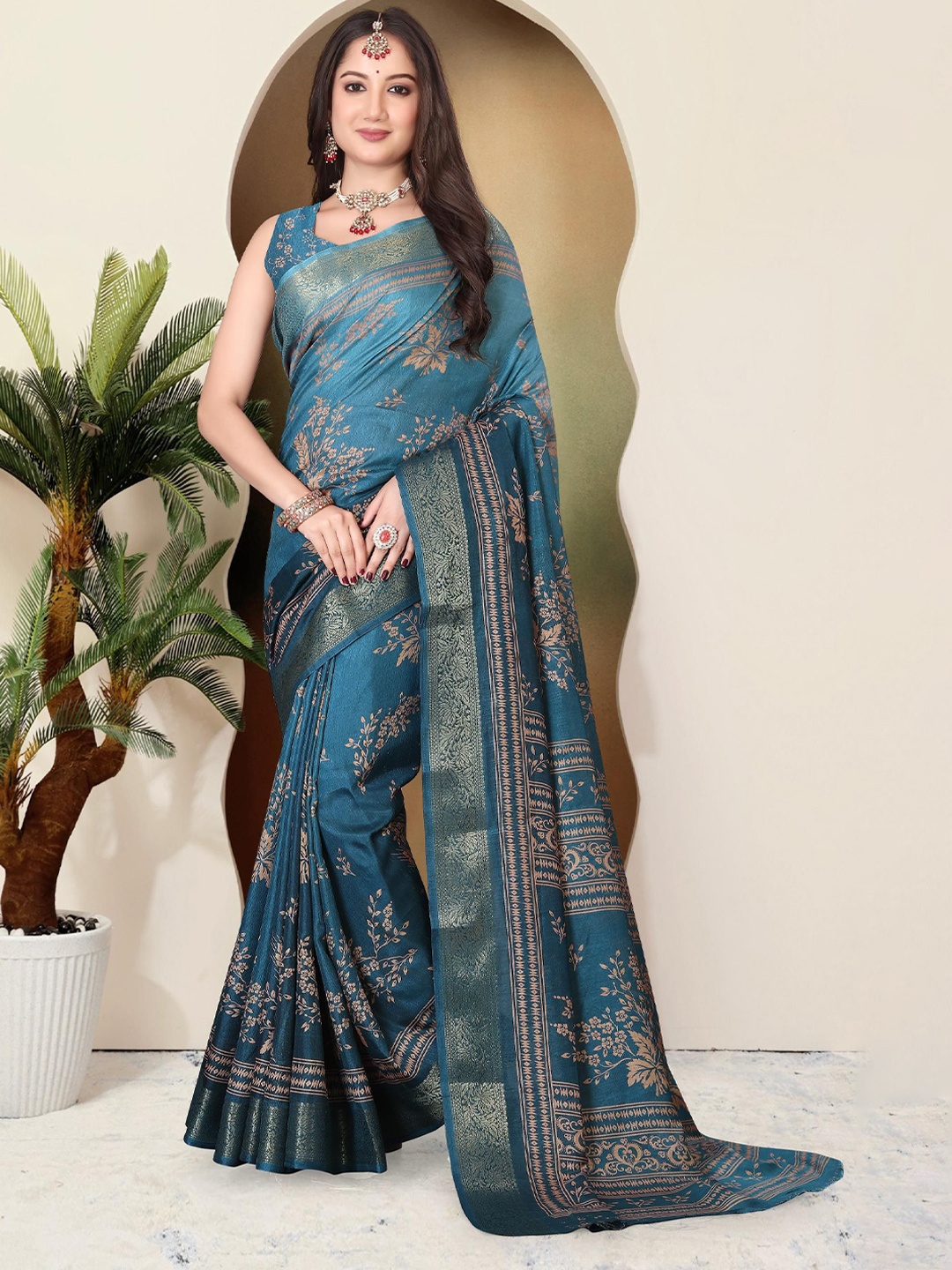 

SUPERLAXMI Floral Printed Zari Saree, Turquoise blue