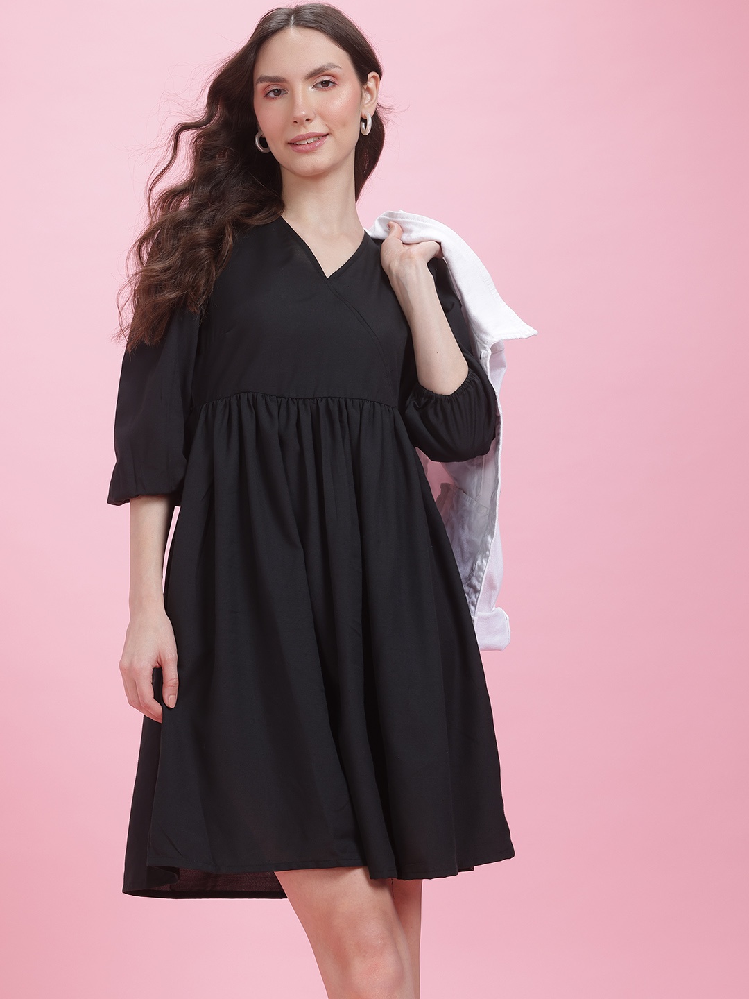 

DressBerry Faux Wrap Puff Sleeve A-Line Dress, Black