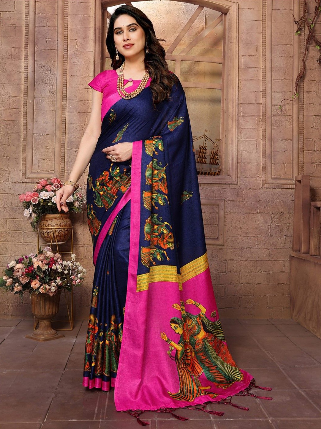 

KALINI Ethnic Motifs Art Silk Saree, Navy blue