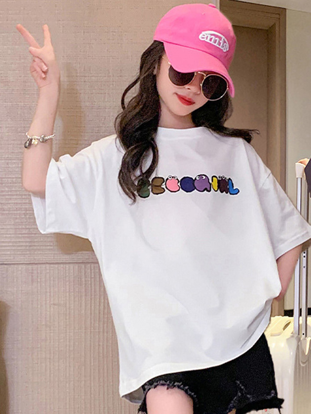 

LULU & SKY Girls Graphic Printed Round Neck Cotton Oversized T-shirt, White