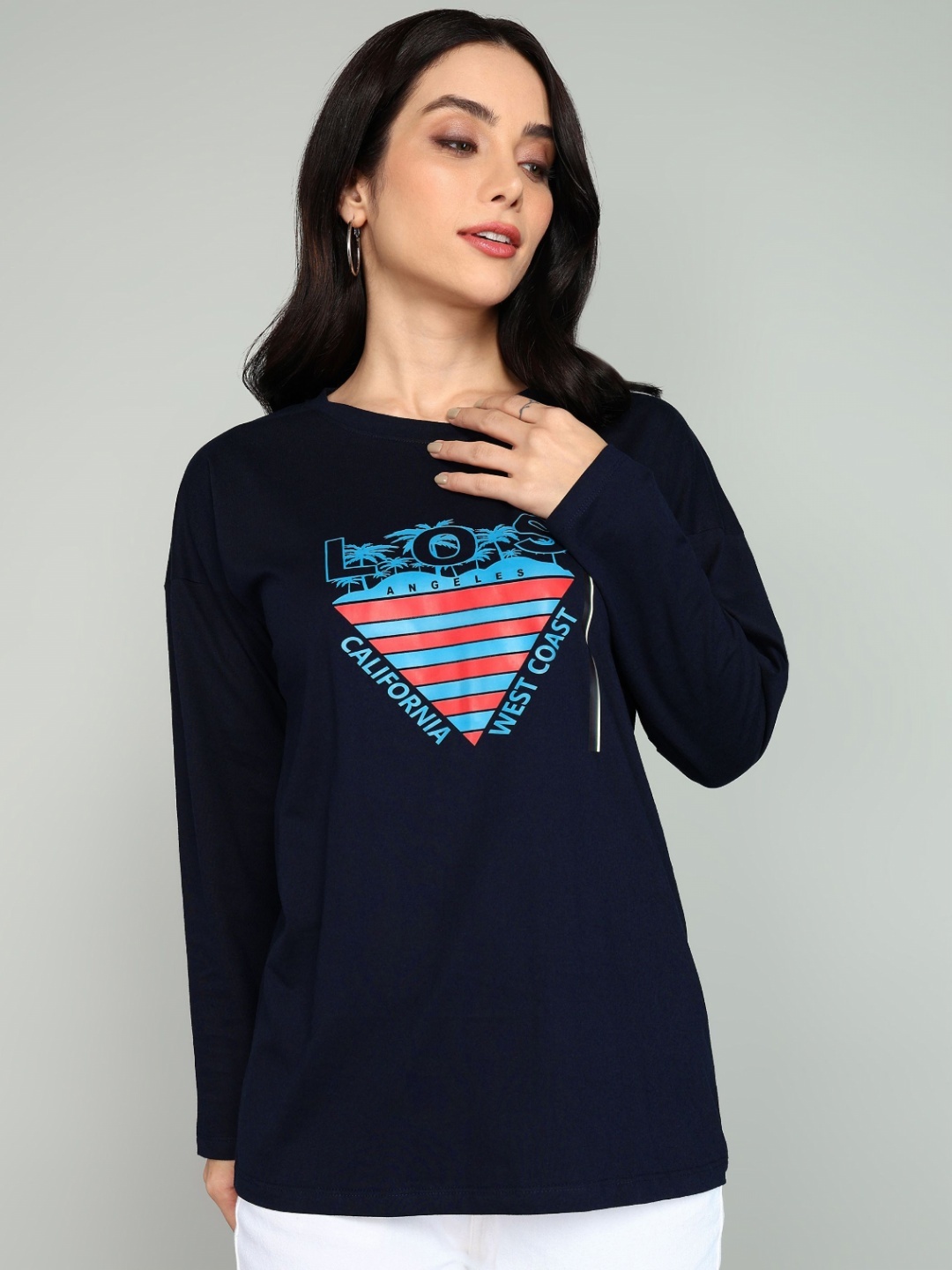 

Mast & Harbour Women Striped Round Neck Cotton Oversized T-shirt, Blue
