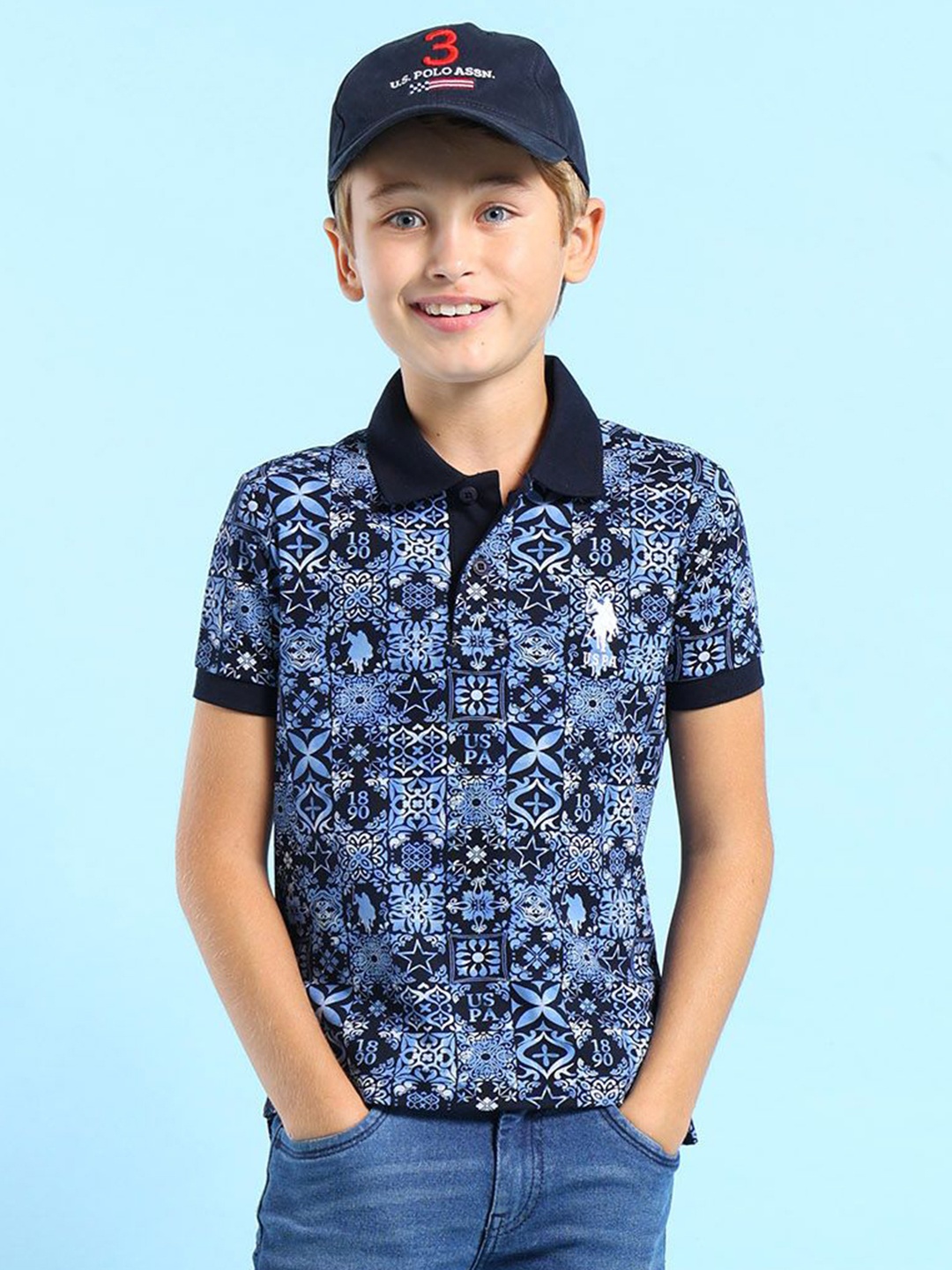 

U.S. Polo Assn. Kids Boys Geometric Printed Polo Collar Cotton T-shirt, Navy blue