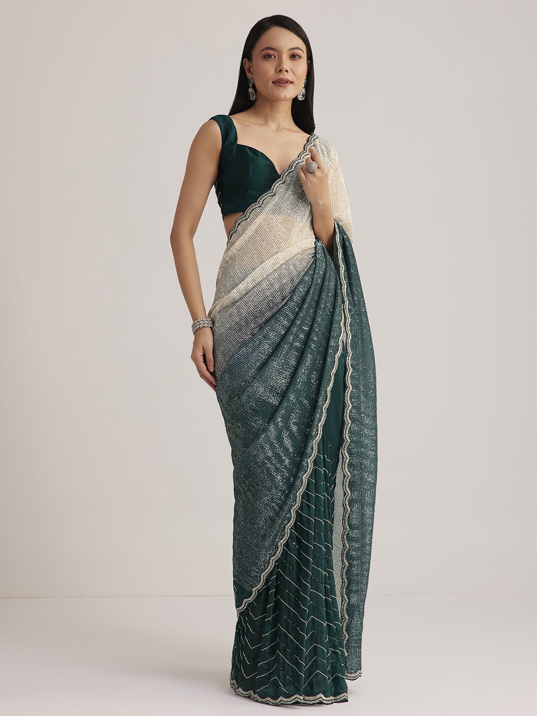 

KALKI Fashion Ombre Sequins And Scallop Embellished Saree, Green