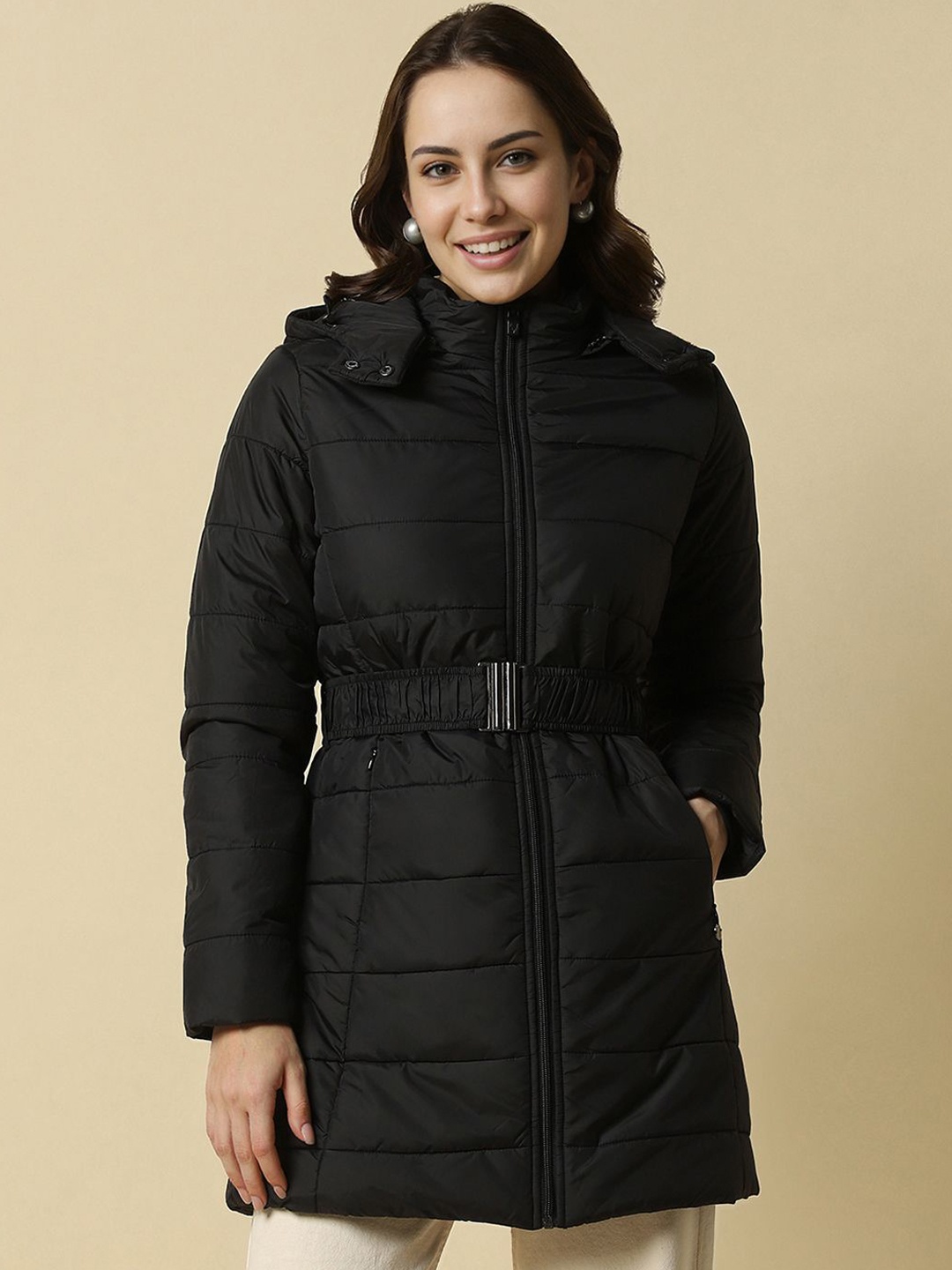 

Allen Solly Woman Hooded Solid Casual Puffer Jacket, Black