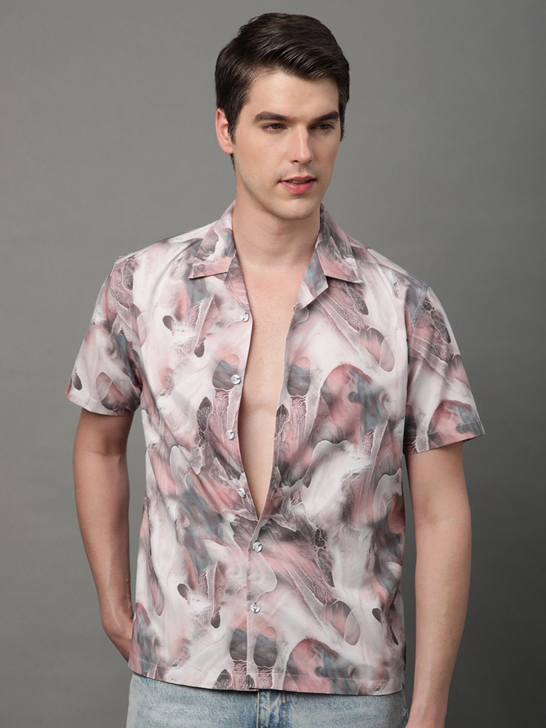 

Metronaut Men Semi Sheer Printed Casual Shirt, Peach