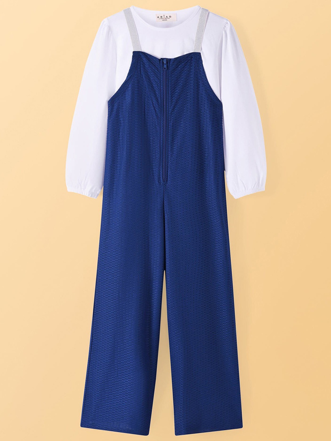 

ARIAS By LARA DUTTA Girls Self Design Ankle Length Dungarees With T-Shirt, Blue