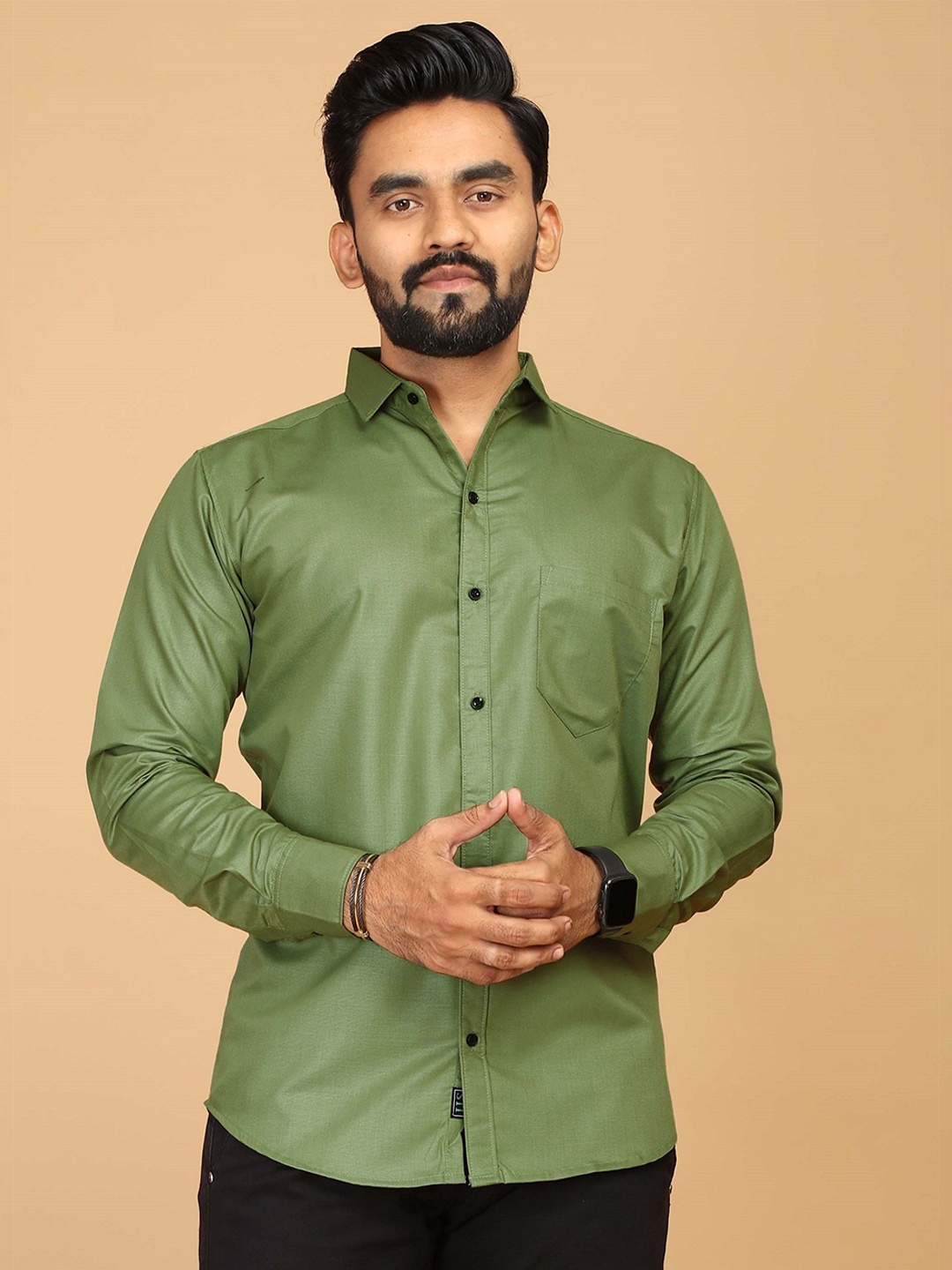 

FABRIPPLE Men Spread Collar Solid Cotton Casual Shirt, Lime green