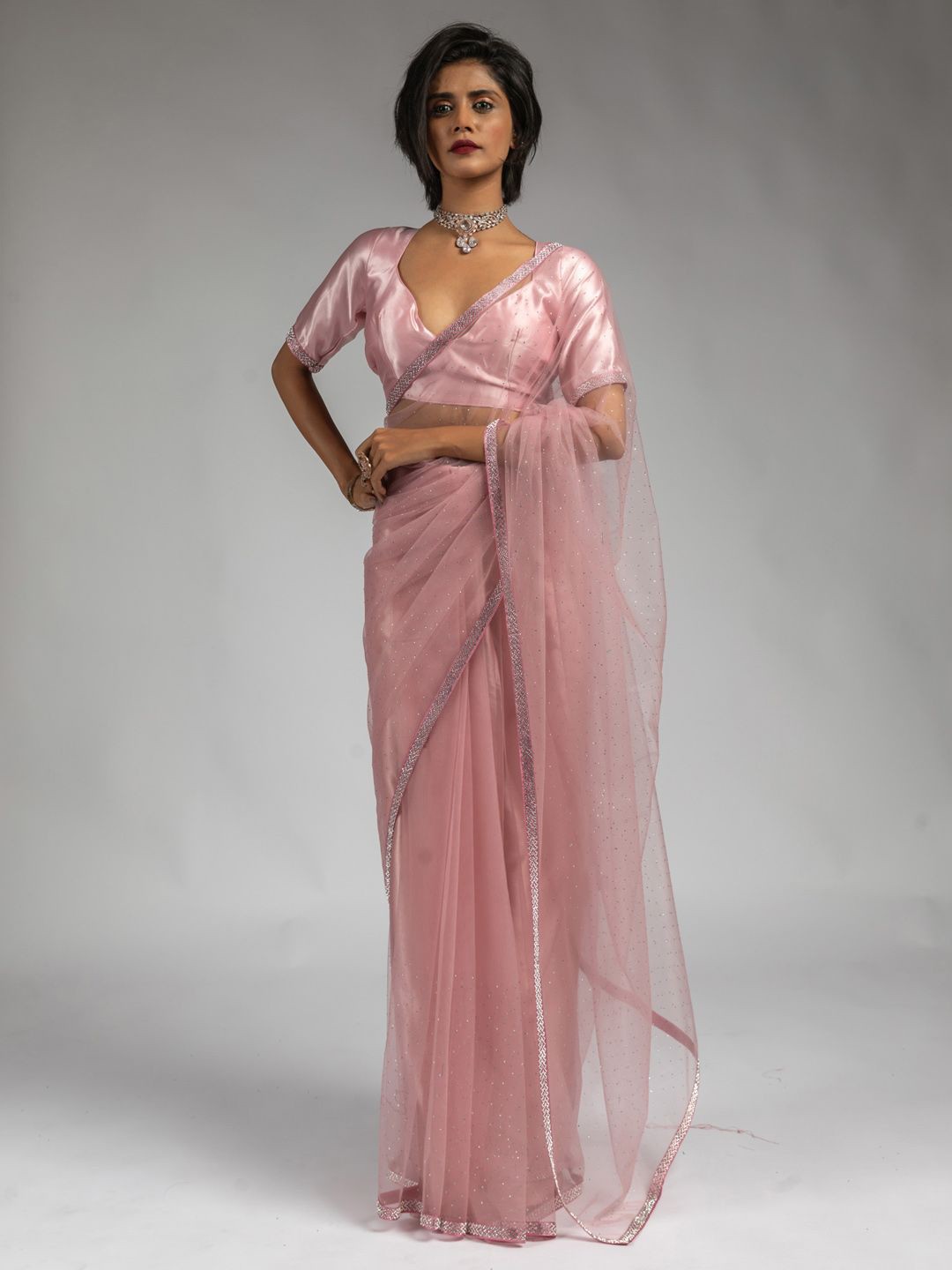 

Saree mall Embellished Beads and Stones Net Ready to Wear Sarees, Pink