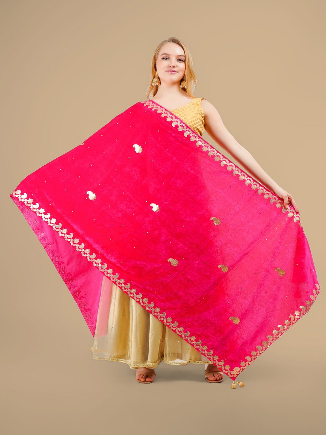 

Karthav Fashion Paisley Embroidered Velvet Dupatta With Gotta Patti, Pink