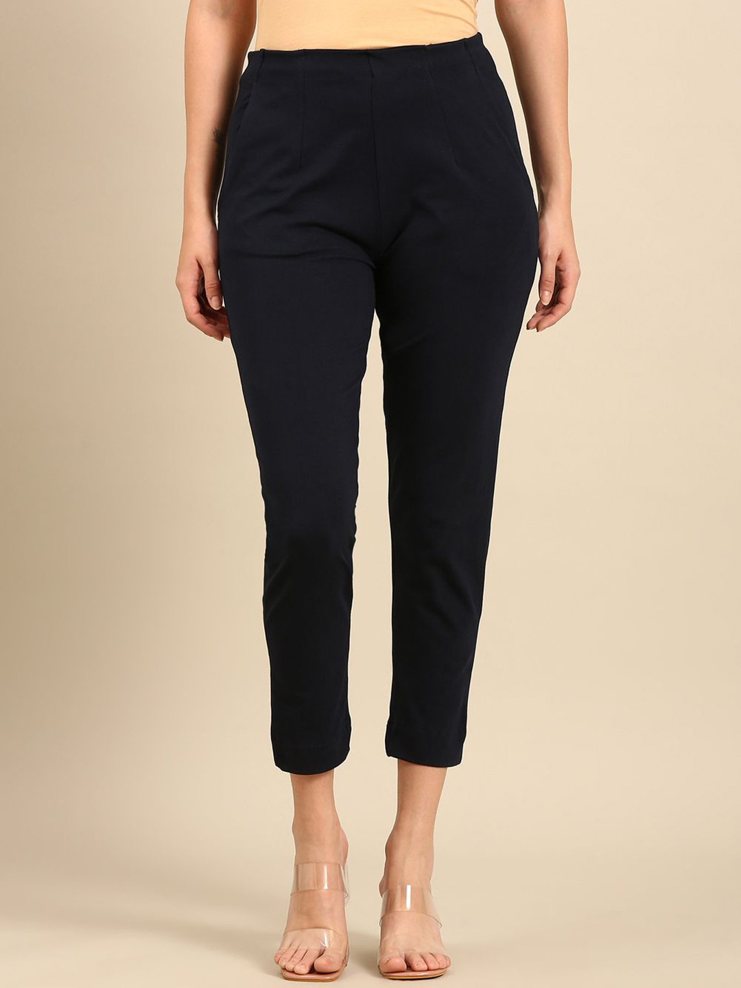 

De Moza Women Slim Fit Cigarette Trousers, Navy blue