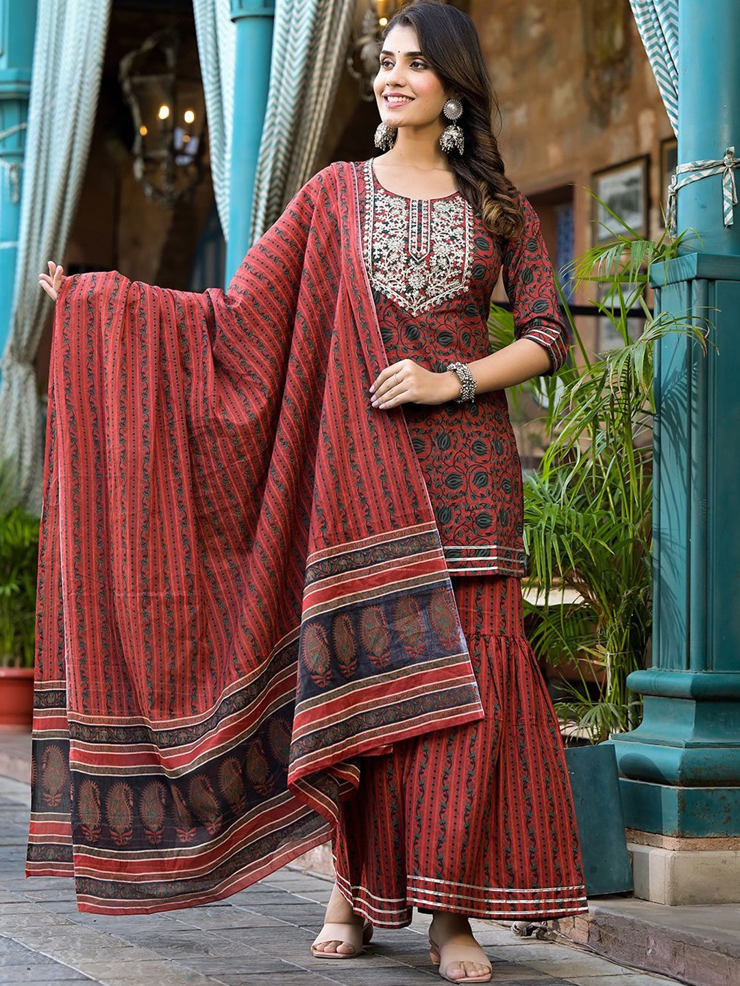 

KALINI Ethnic Motifs Zari Work Pure Cotton Straight Kurta With Sharara And Dupatta, Rust