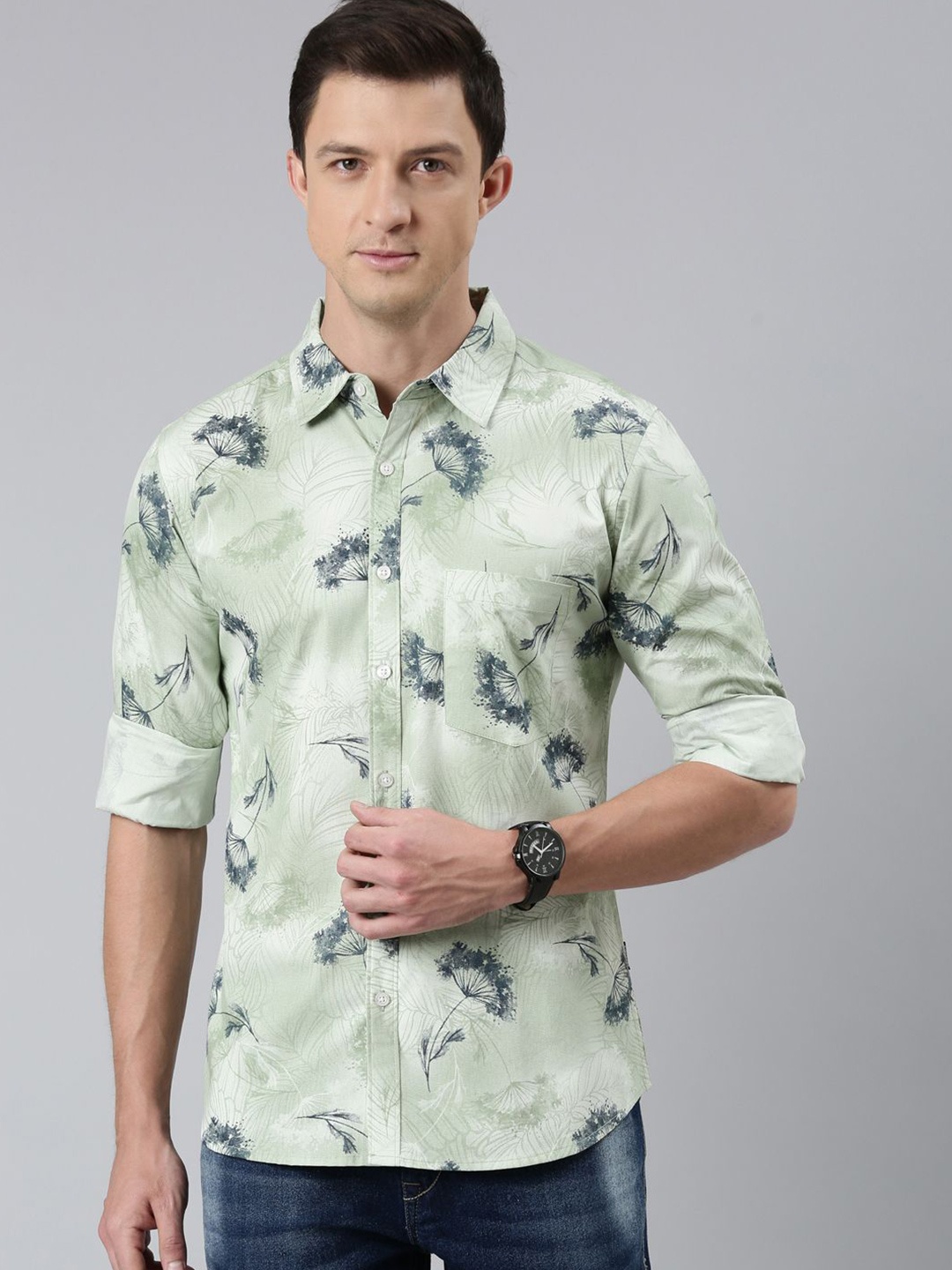 

Provogue Men Spread Collar Floral Printed Cotton Casual Shirt, Green