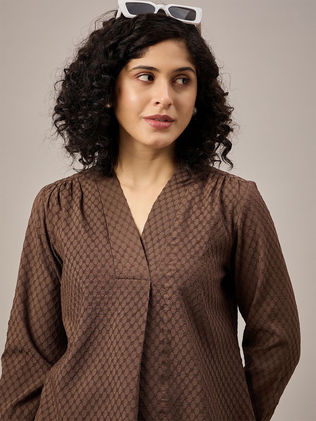 

DressBerry Self Design V-Neck Geometric Top, Brown