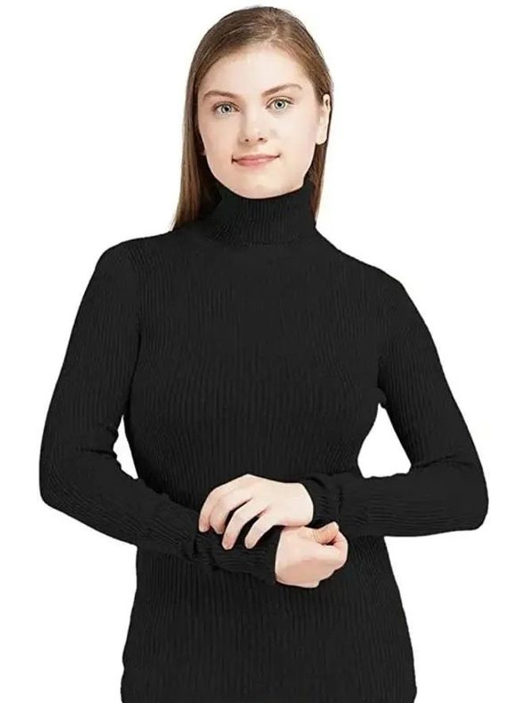 

SRISARAS Women Self Design Turtle Neck Cotton Relaxed Fit T-shirt, Black