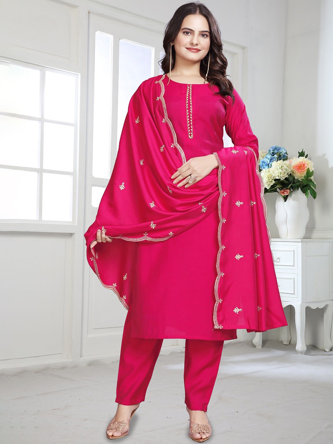 

SATPURUSH Stones & Beads Work Kurta With Trousers & Dupatta, Pink