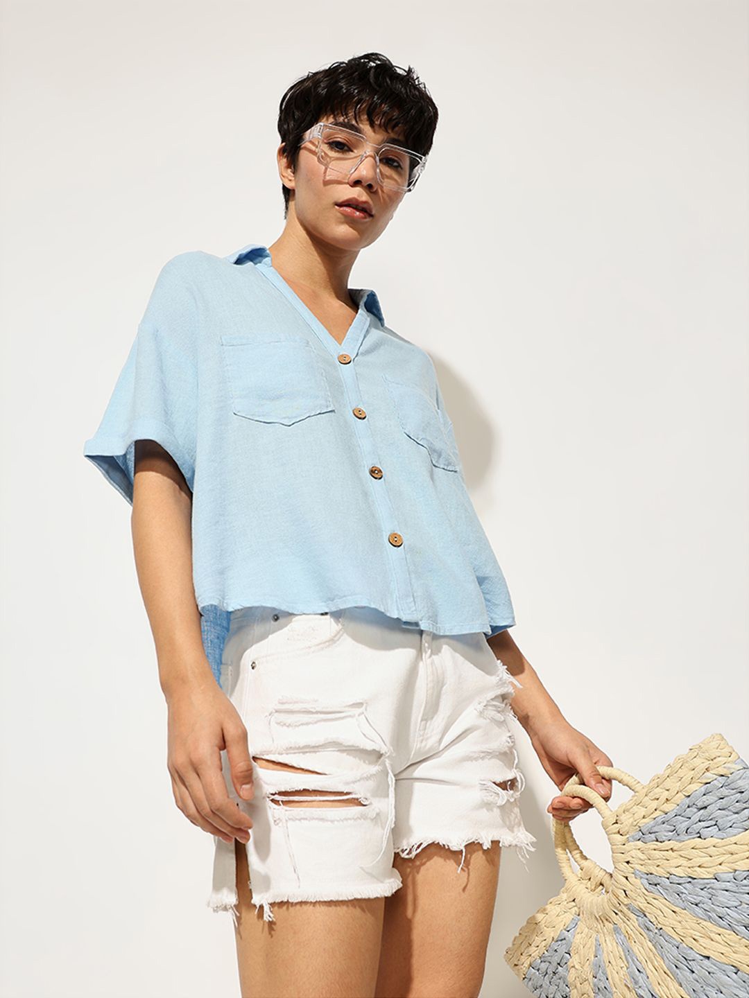 

ONLY Women ONLANUSHY Boxy Fit Spread Collar Solid Linen Casual Shirt, Blue