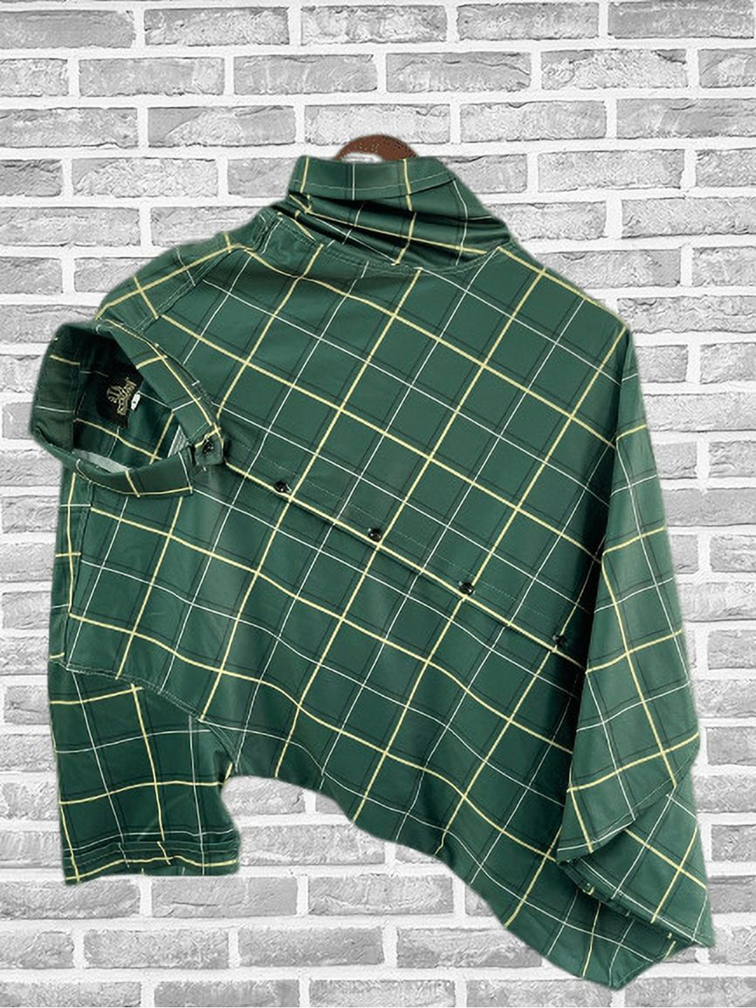 

iCome Men Spread Collar Checked Cotton Linen Casual Shirt, Green