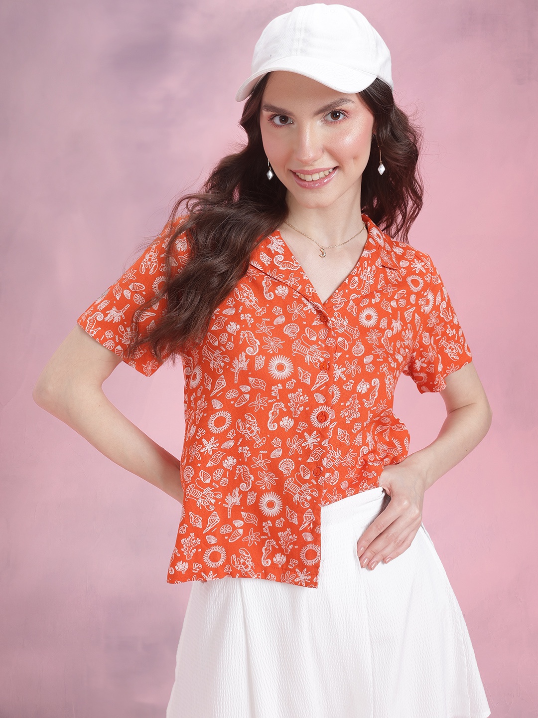 

DressBerry Printed Cuban Collar Shirt, Orange