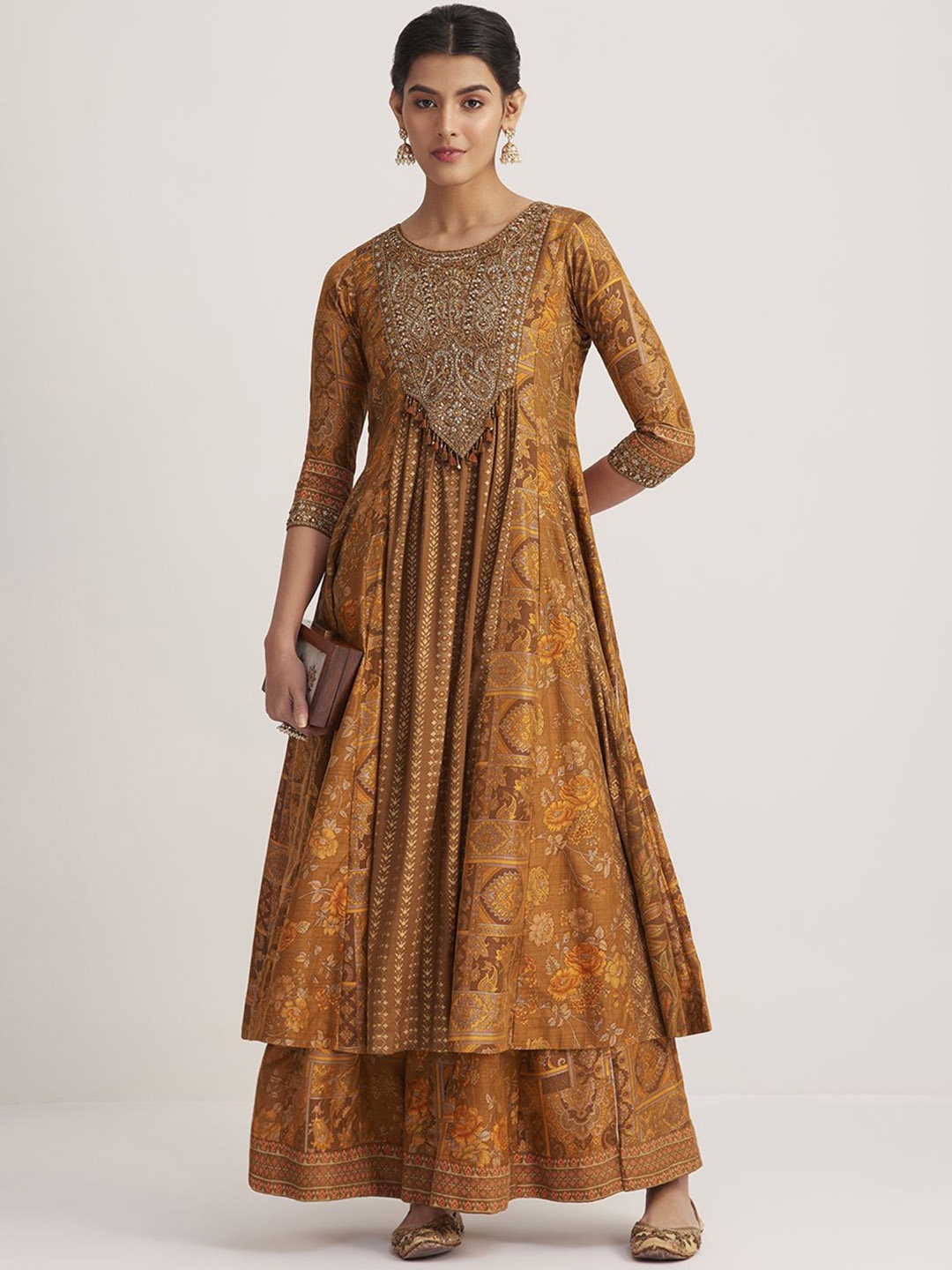 

KALKI Fashion Ethnic Motifs Printed Sequinned Anarkali Kurta With Palazzos, Yellow