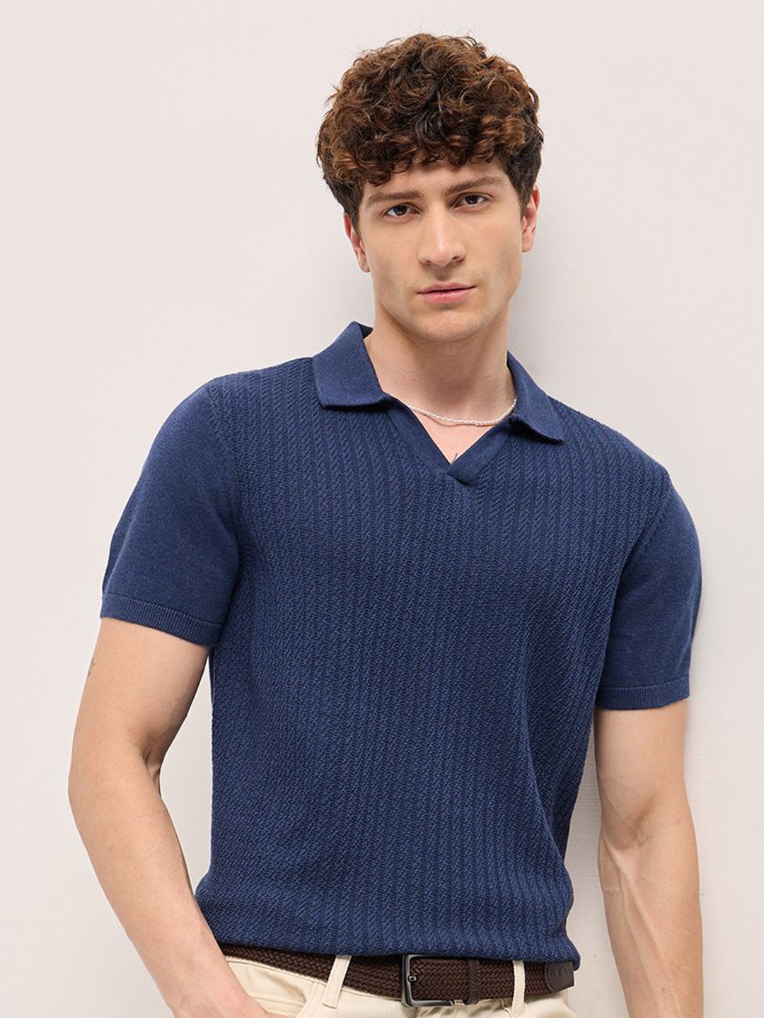 

THE BEAR HOUSE Men Self Design Polo Collar Cotton Slim Fit T-shirt, Navy blue