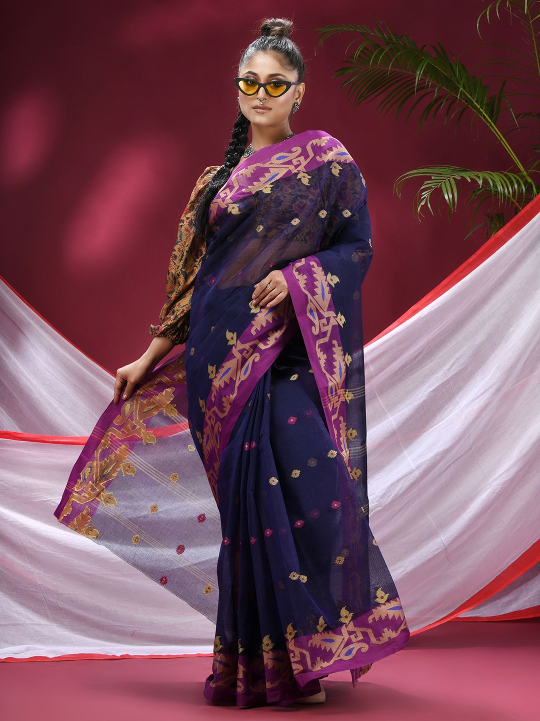 

TANTLOOM Woven Design Zari Pure Cotton Saree, Blue
