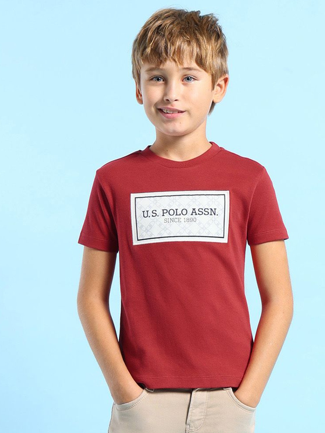 

U.S. Polo Assn. Kids Boys Typography Printed Round Neck Cotton T-shirt, Rust