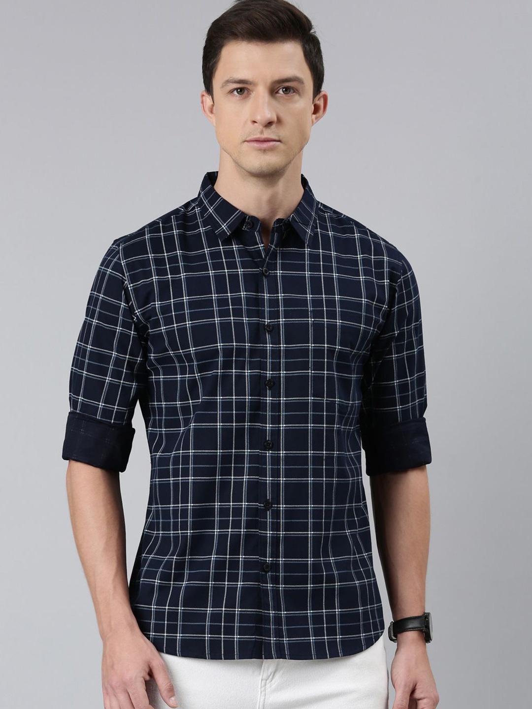 

Provogue Men Spread Collar Multi Striped Cotton Casual Shirt, Navy blue