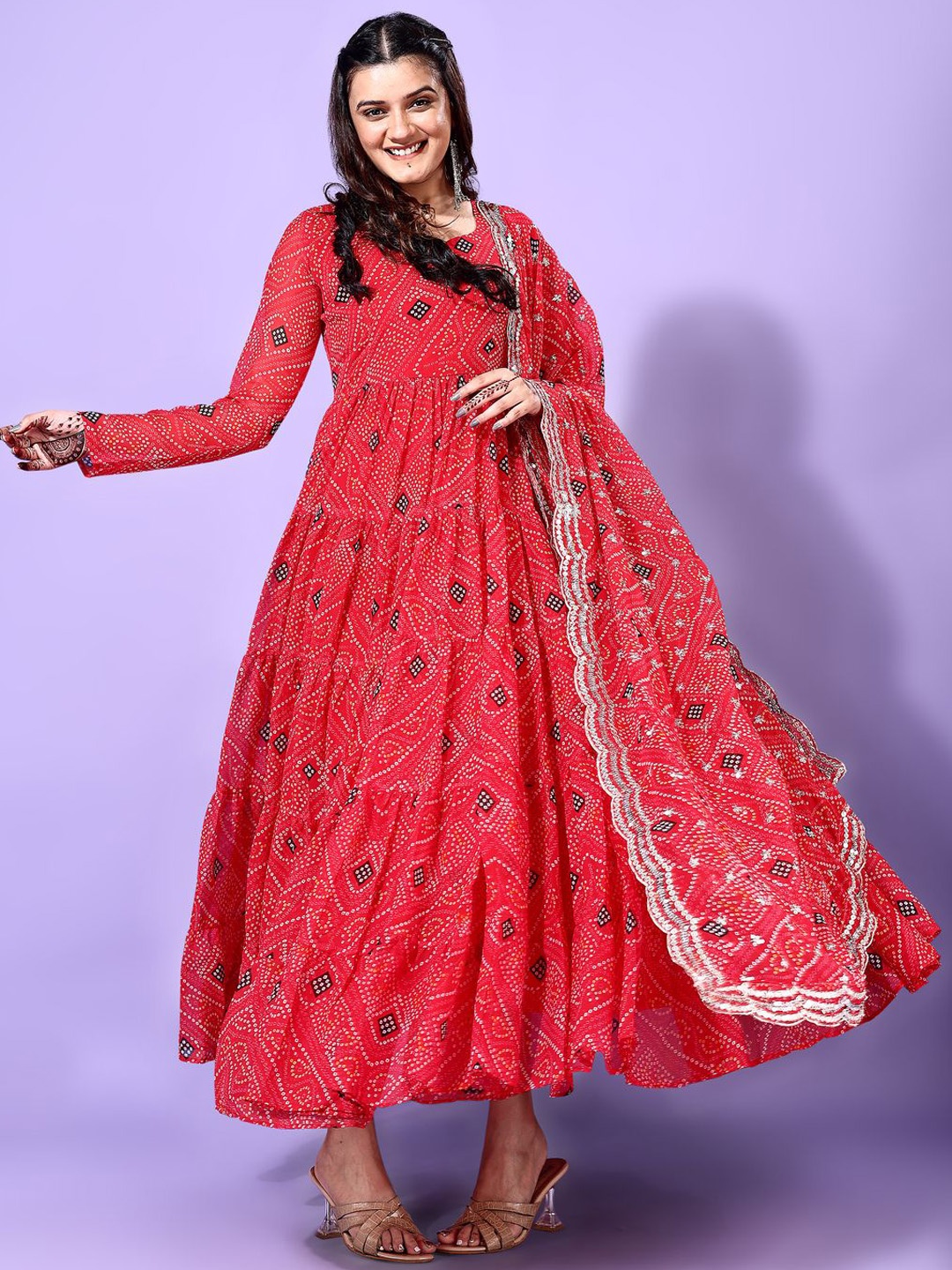 

Ethnic Yard Bandhani Printed Round Neck Anarkali Kurta With Trouser And Dupatta, Red