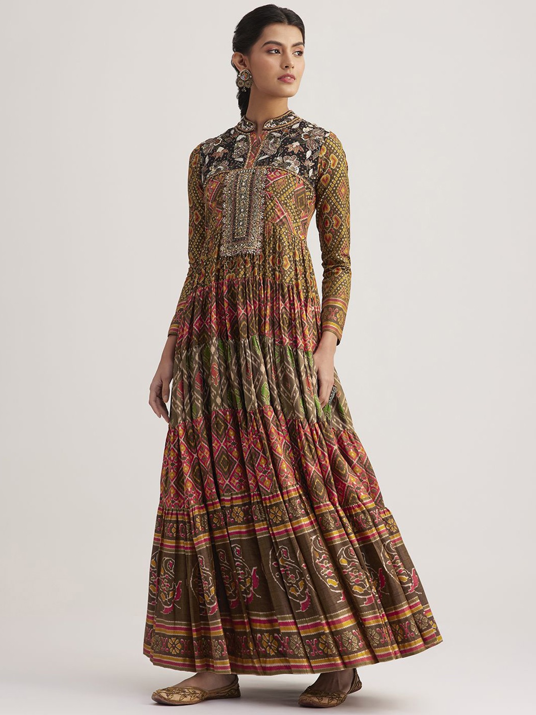 

KALKI Women Fashion Patola Printed & Embroidered Silk Maxi Ethnic Dress, Yellow