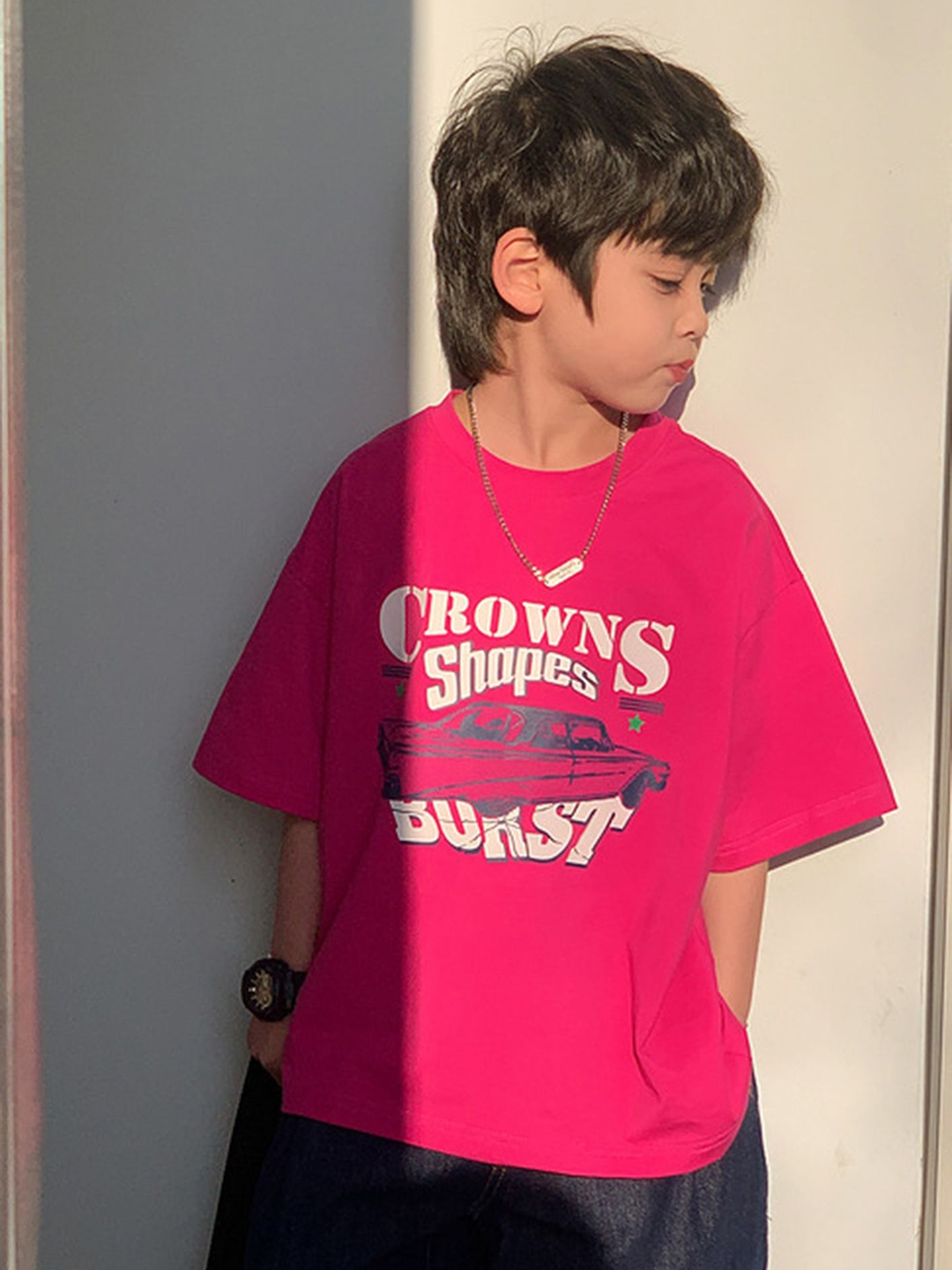 

LULU & SKY Boys Typography Printed Round Neck Cotton Relaxed Fit T-shirt, Fuchsia