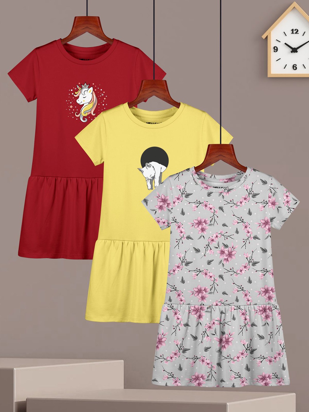 

HELLCAT Girls Pack Of 3 Printed Cotton Drop-Waist Dress, Red